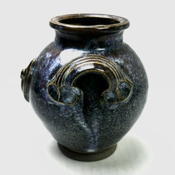 Small Vase 4” Two Handles Earth Décor Pyrite & Flame Signed Truchon Corse Bee EC - Picture 3 of 11